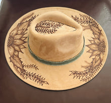 Load image into Gallery viewer, Tan Vegan Suede Large Brim Fedora with Sunflowers
