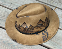 Load image into Gallery viewer, Brown Vegan Suede Fedora with Mountains and Fish