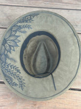 Load image into Gallery viewer, Olive Green Vegan Suede Large Brim Hat with Mountains and Sunflower