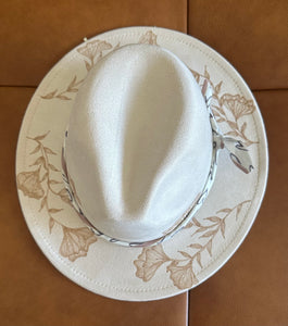 Beige Vegan Suede Fedora with Climbing Flowers
