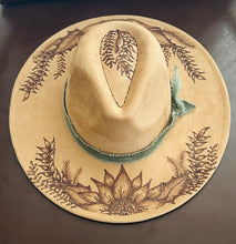 Load image into Gallery viewer, Tan Vegan Suede Large Brim Fedora with Sunflowers
