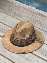 Load image into Gallery viewer, Brown Vegan Suede Fedora with Mountains and Fish
