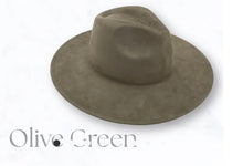 Load image into Gallery viewer, Olive Green Vegan Suede Large Brim Hat with Mountains and Sunflower
