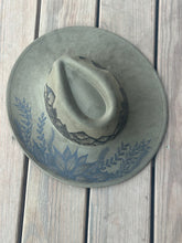 Load image into Gallery viewer, Olive Green Vegan Suede Large Brim Hat with Mountains and Sunflower
