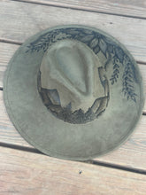 Load image into Gallery viewer, Olive Green Vegan Suede Large Brim Hat with Mountains and Sunflower
