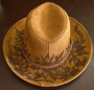 Brown Vegan Suede Fedora with Braided Trim- Skull and Sunflowers
