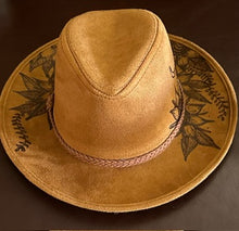 Load image into Gallery viewer, Brown Vegan Suede Fedora with Braided Trim- Skull and Sunflowers
